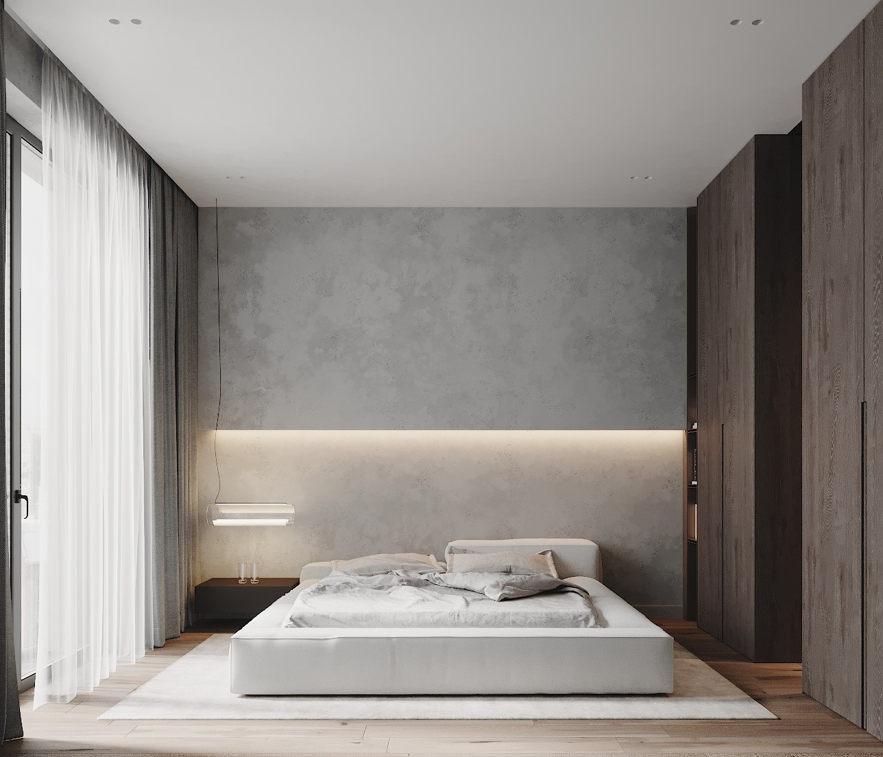 Мастер спальня выполнена в единой концепции интерьера квартиры