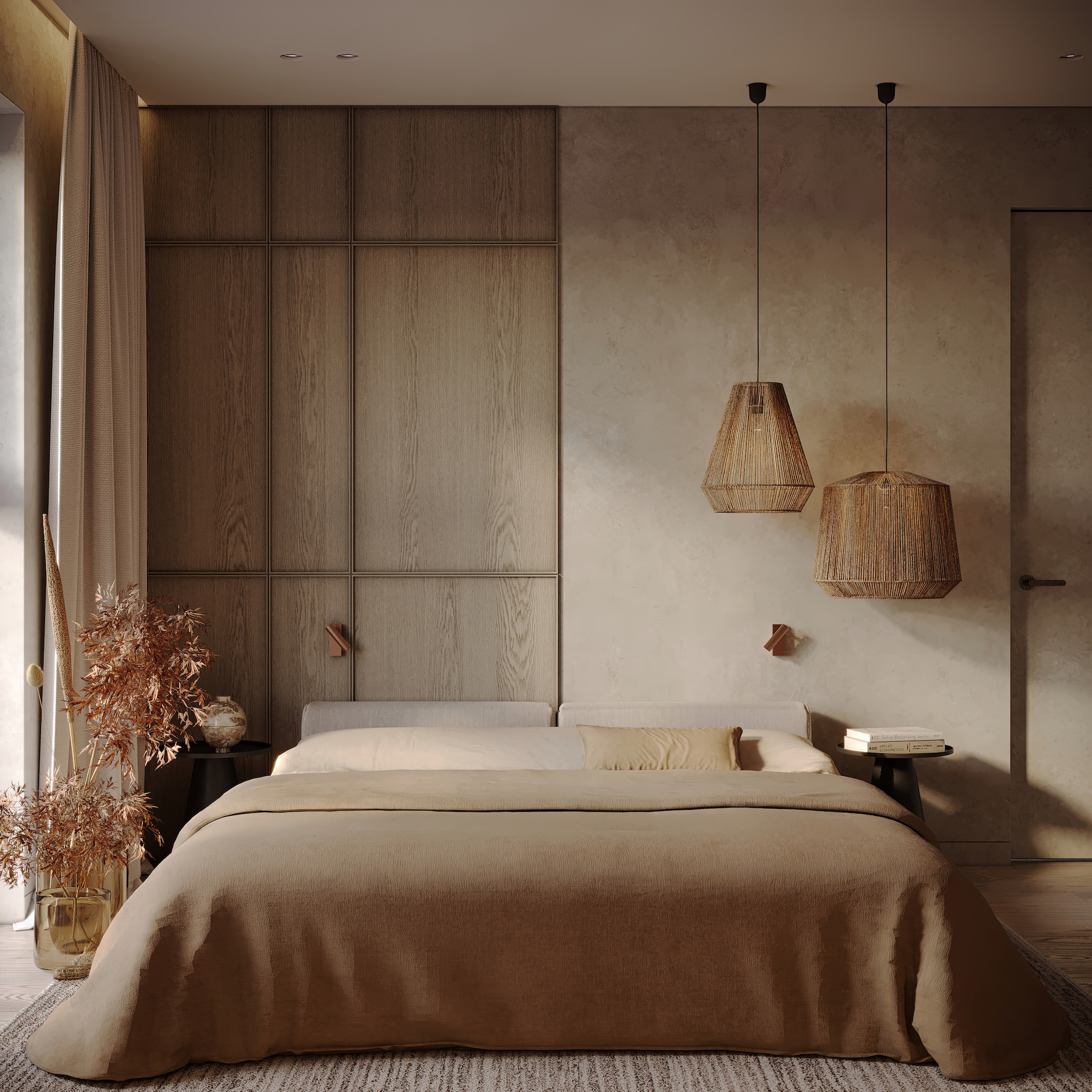 Мягкое изголовье кровати, подвесные светильники из джута, комбинированная отделка стены