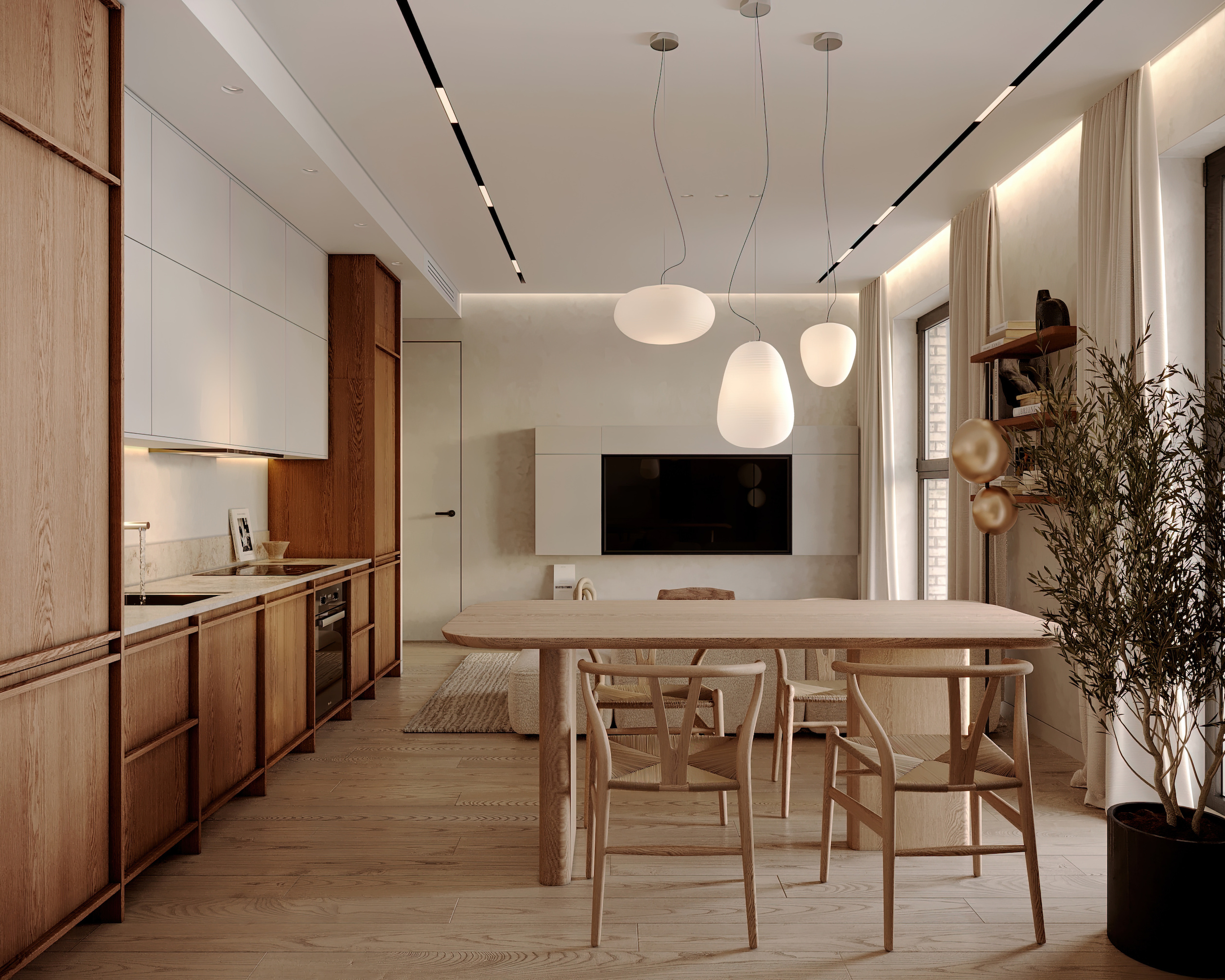 Небольшое пространство кухни-гостиной задействовано полностью: мягкая зона, зона кухни и зона столовой плавно переходят друг в друга 